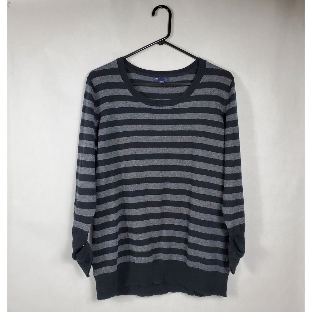 Gap Womens XL Striped Cotton Knit Sweater Gray Black Thumbhole Cuffs Pullover